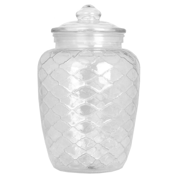 Lantlig glasburk i rundad modell med mönster och lock. Finns i tre storlekar -Större -Mellan -Mindre Rymlig modell med silikon p