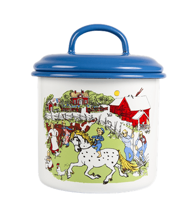 Emil i Lönneberga serie i glas och emalj med klassiskt motiv från Emil i Lönneberga. -Emalj burk med lock -Emalj mugg Ida -Emalj