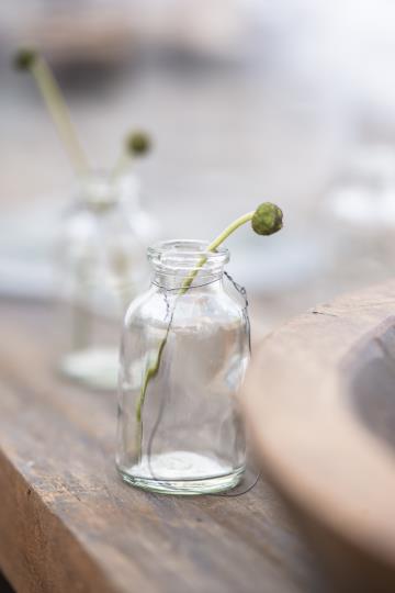 Liten söt vas i glas. Med metall ögla upptill så vasen kan hänga. Platt botten så den även kan stå. För blommor inomhus som utom