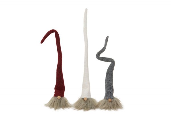 Gullig filt tomte med hög luva och långt skägg. Luvan är hög och har en ståltråd inuti så vill man kan man vira fast tomten på t