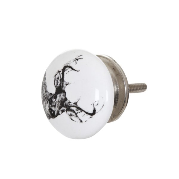Vit porslins knopp med motiv i svart av en hjort / ren med horn. Med silverfärgad metall stomme samt krage. I greppvänlig modell