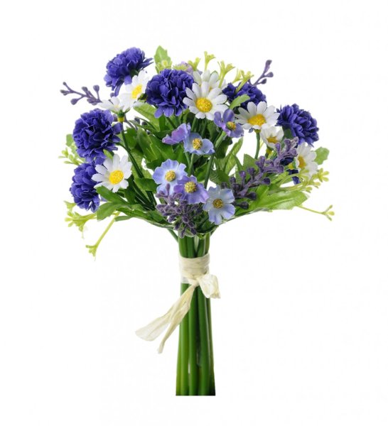 Vacker sommar fin bukett med blåa och vita blommor och gröna blad. Lika vacker i en vas som att ha liggandes som dekoration. Väl