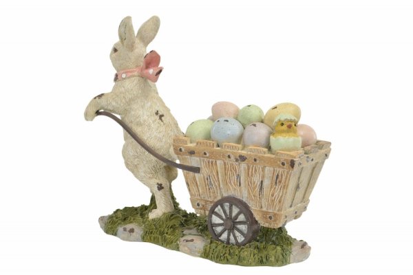 Vacker lantlig påsk hare som drar en kärra med pastell färgade ägg. Vacker dekoration i lite större modell med många fina och sö