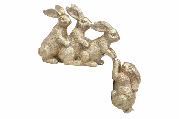 Harar i guld glitter, bästa kompisar. Rolig modell med flera harar som drar upp sin kompis. Att dekorera med så haren hänger ner