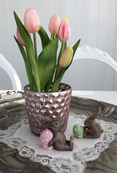 Tulpaner i kruka med vita och rosa blommor och gröna blad. Finns i två modeller. -Vita -Rosa Båda står i en plastad innerkruka s