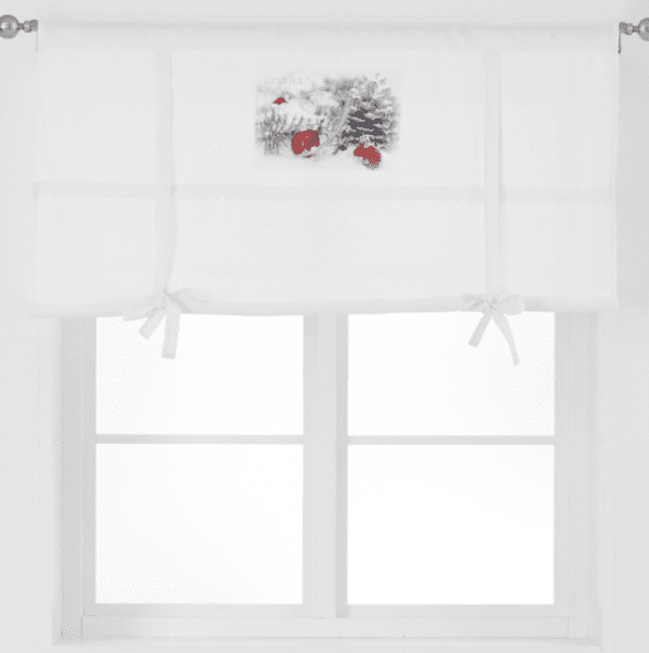 Vacker gardin i modell hissgardin med knyt. Vit med julmotiv och text God Jul. Dekorerad med infälld spets.  Mäter 120*90cm