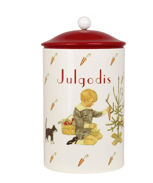 Plåtburk Julgodis med gammeldags motiv med text