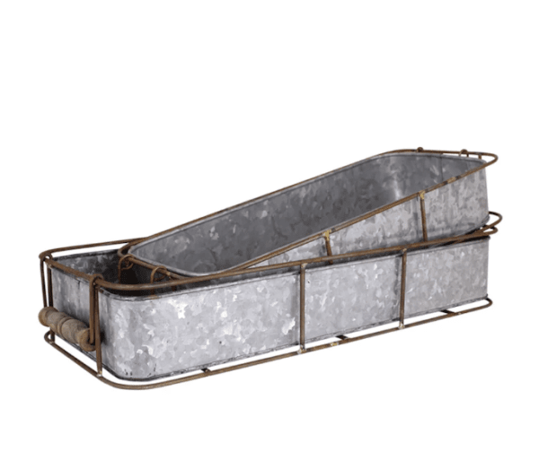 Bricka / låda i zink och rost med handtag i trä