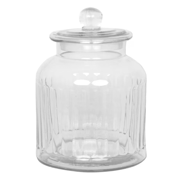 Glasburk med lock och randigt mönster i glas