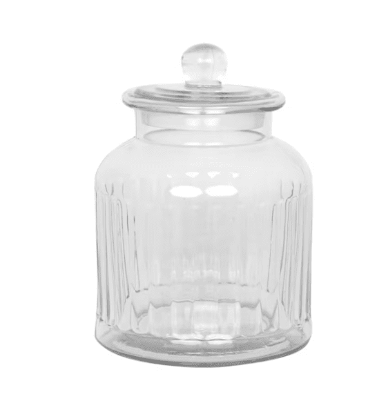 Glasburk med lock och randigt mönster i glas