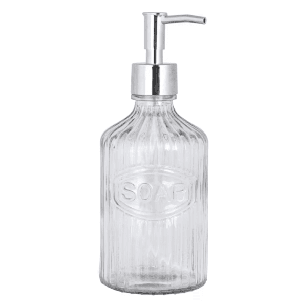 Tvålpump i glas med text SOAP