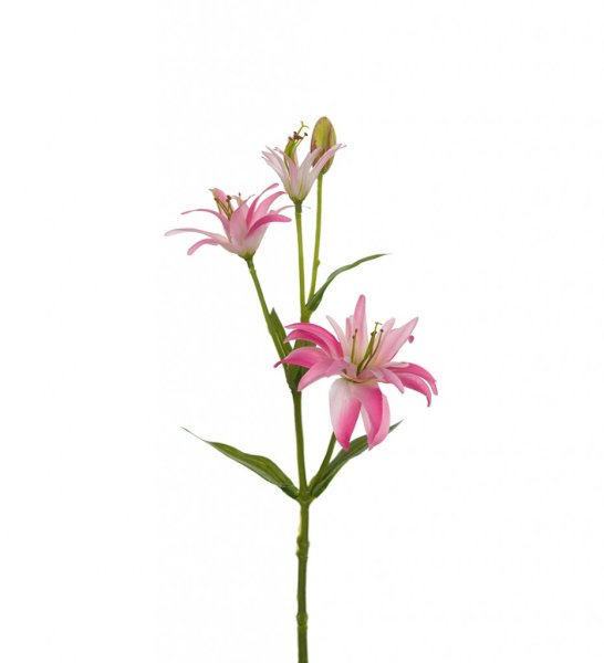 Vacker rosa lilja med utslagen blomma och knopp samt flera gröna blad. Välarbetad och verklighetstrogen konstblomma. Gör sig lik