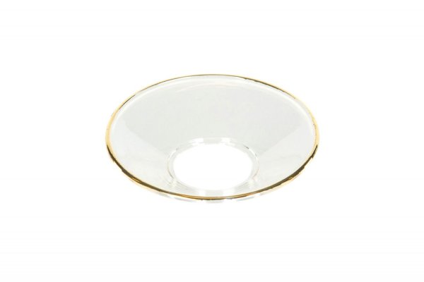 Ljusmanschett i glas, rund modell dekorerad med en guld kant runt om. Vacker klassisk elegant modell. Mäter 6,5cm Säljes per