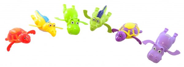 Färgglad badleksak i plast. Uppdragbar med rörliga armar. Man skruvar upp djuret och den simmar i vattnet genom att röra på sina