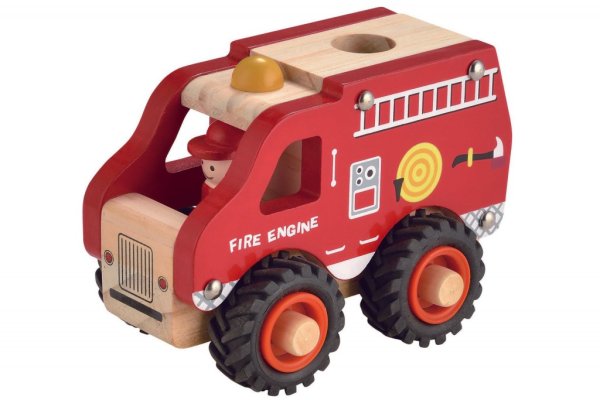 Brandbil i trä med gummerade hjul. Stadig stabil och lite större modell. Med rullbara hjul och i modell som man kan dra bak så å