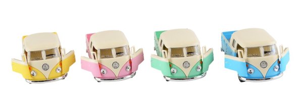 WW folka buss folkvagnsbuss med flak i plåt, nostalgi leksaksbil i mindre modell. Går i mjuka milda pastell nyans. Finns i fyra