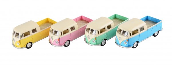 WW folka buss folkvagnsbuss med flak i plåt, nostalgi leksaksbil i mindre modell. Går i mjuka milda pastell nyans. Finns i fyra