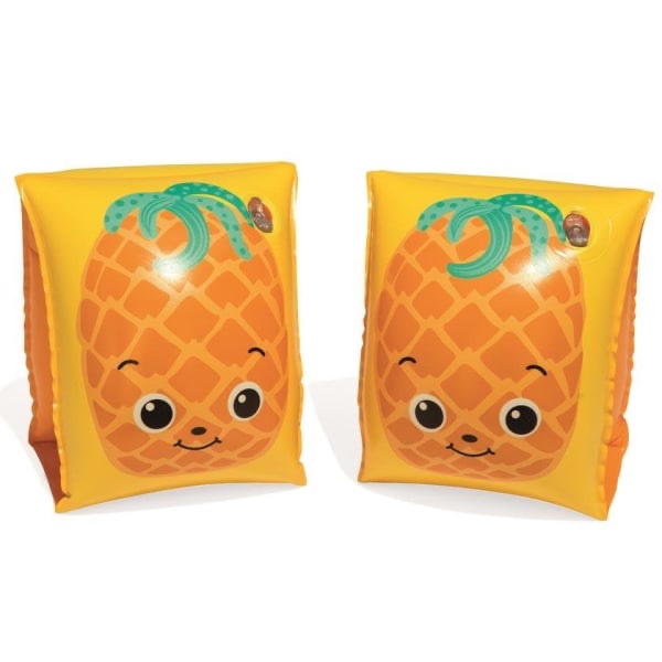 Armpuffar uppblåsbara för lek och simträning i badhus och vid hav samt strand. Finns i två modeller -Röda Jordgubbe -Gula Ananas