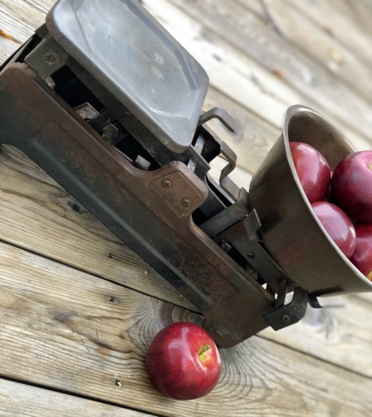 Gammal antik köks/hushållsvåg . Tillverkad i plåt och metall går i vacker mix av rostigt brunt och antik guld. Återvunnen modell