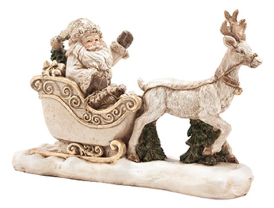 Tomte med släde och ren. Vacker och detaljfull modell i guld och vitt med gröna inslag. stilfull och elegant färg mix. Mäter 20