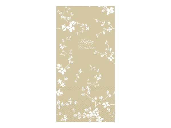 Vackra påsk servetter med text Happy Easter. I avlång modell med vita blommor på gul botten. Från Chic Antique Längd 20cm Bredd