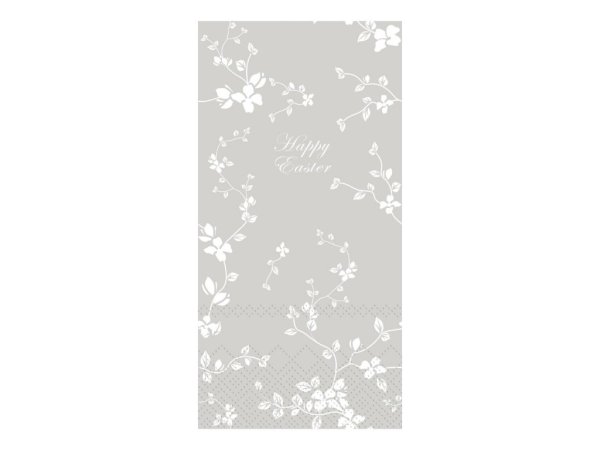 Vackra påsk servetter med text Happy Easter. I avlång modell med vita blommor på grå botten. Från Chic Antique Längd 20cm Bredd