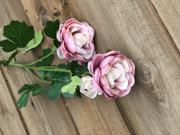 Vacker ranunkel blomma med gröna blad. Välarbetade i verklighetstrogen konstgjord modell. Går i mjuka nyanser av rosa och cream