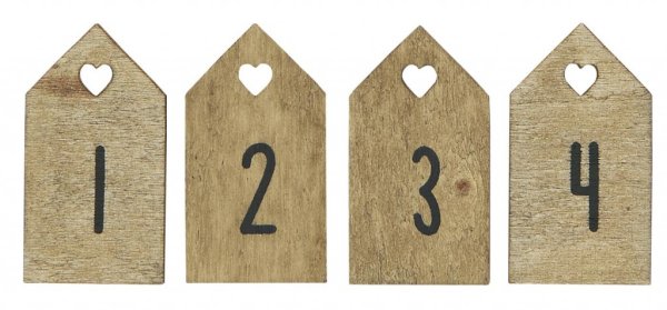 Siffror till advent 1 2 3 4. Natur färgade med svarta siffror. Tillverkade i trä med hjärta upptill så man kan trä i ett snöre e