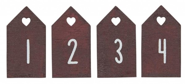 Siffror till advent 1 2 3 4. Går i en röd nyans med vita siffror. Tillverkade i trä med hjärta upptill så man kan trä i ett snör