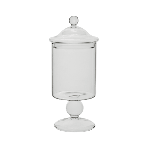 JEKYLL vacker och elegant glasburk på fot med lock. Stilfull och elegant rund modell som finns i två storlekar -Högre -Lägre För