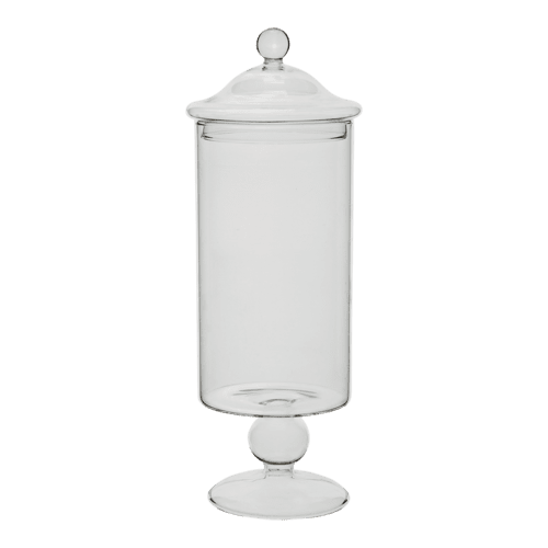 JEKYLL vacker och elegant glasburk på fot med lock. Stilfull och elegant rund modell som finns i två storlekar -Högre -Lägre För