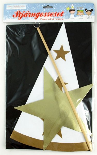 Klassisk stjärngosse strut och stjärna. I papper med pinne i trä till stjärnan. Passande både till stor som liten. Struten Höj