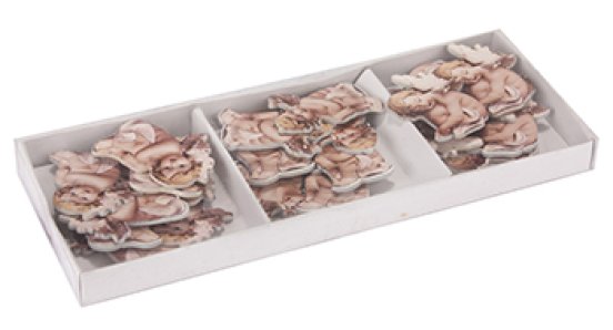 Änglar i ask att dekorera med. Ligger flera i två olika modeller gråa och vita mixade. I platt modell med slät baksida så man ka