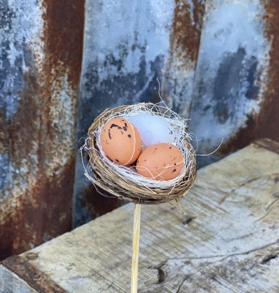 Rede/fågelbo med ägg på stick/pinne att dekorera med. Ett rede/fågelbo i natur material med tre ägg på stick/pinne att sticka ne
