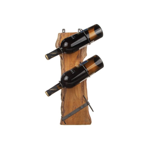 Vackert vinställ i väggmodell. Tillverkat i vackert trä med tre hållare. Hållarna för vinet är i metall ruffiga grå svarta. Mät