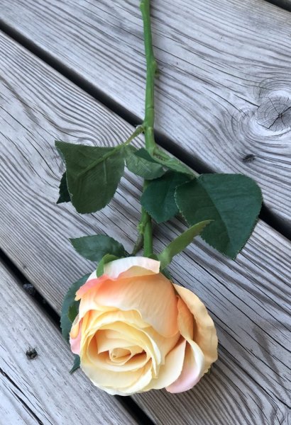 Vacker orange/aprikos ros med gröna blad. Välarbetad vacker konstgjord ros med hög verklighets trogen känsla. Lika vacker ensam