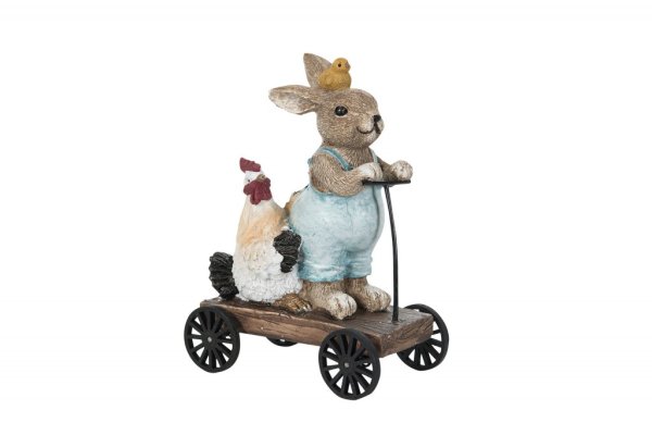 Söt kanin på sparkcykeln med höna och kyckling. Detaljfull och välarbetad med fina detaljer runt om . Att dekorer med. Mäter 10