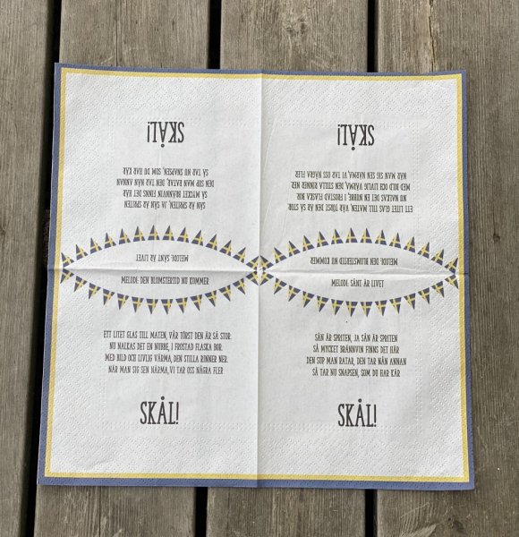 Roliga vita sommar servetter med tryckta sånger / snapsvisor. En rolig detalj på bordet som både agerar sång häfte och att hålla