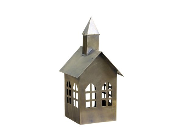 Ljushus kyrka dekorations hus i antik guld. För ljus eller dekoration. Tillverkat i plåt med fina detaljer runt om upptill. Öppn