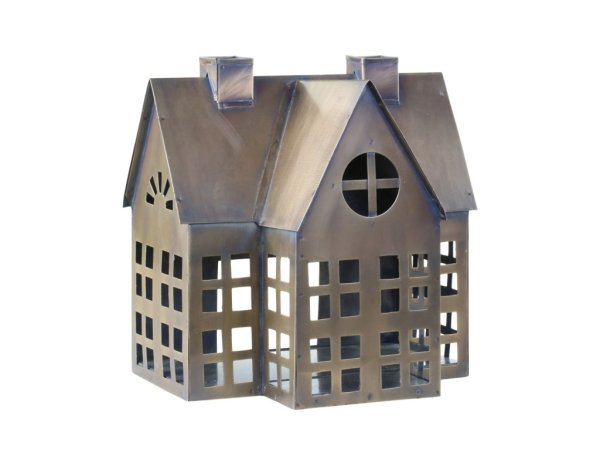 Ljushus större kyrka dekorations hus i antik guld. För ljus eller dekoration. Tillverkat i plåt med fina detaljer runt om upptil