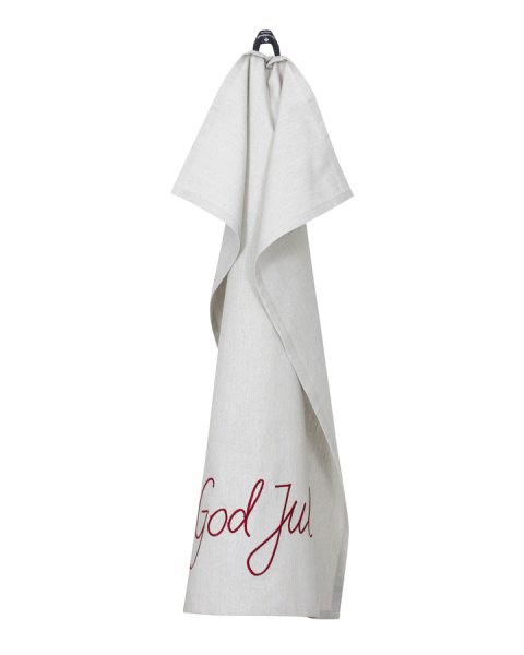 Kökshandduk God Jul linne beige med broderad text i rött