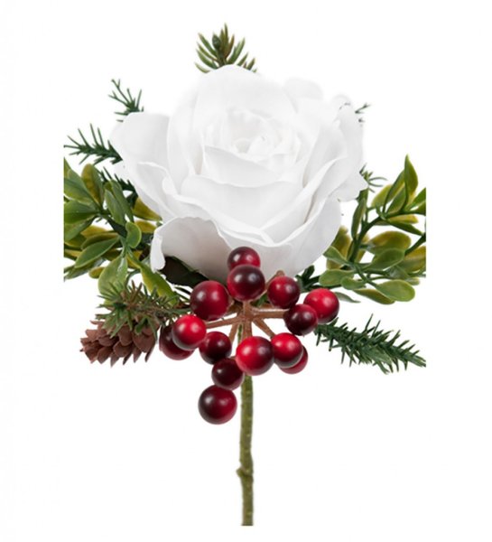 Jul / advents bukett med vit ros och julkvistar . Att ha i en mindre vas eller i en bukett tillsammans med flera eller andra blo