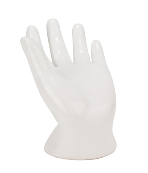 Vit hand i porslin att dekorera med, ha smycken eller liknannde på. I verklighetstrogen design. Finns i två modeller -Högre -Läg