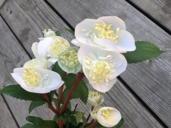 Vit julros med gröna blad. Välarbetad och vacker konstgjord modell att dekorera med. Mäter 54cm