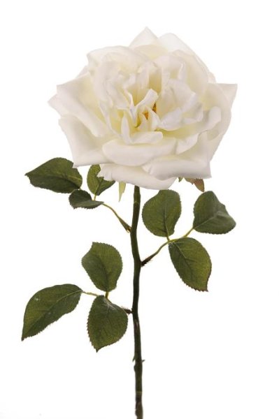 Vacker vit ros i större utslagen modell med flera gröna blad och halv lång stjälk. Välarbetad, vacker och verklighetstrogen kons