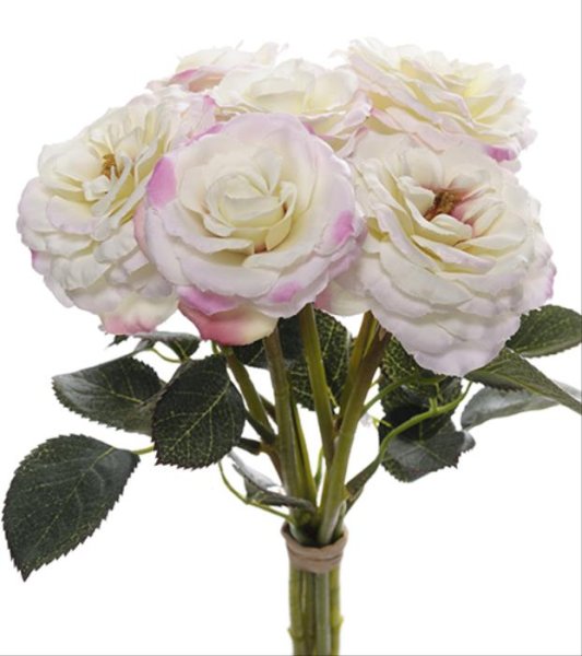 Vacker rosbukett med nyponrosor i vitt och rosa med gröna blad. Lång skaftad bukett som gör sig lika bra i en vas som liggandes