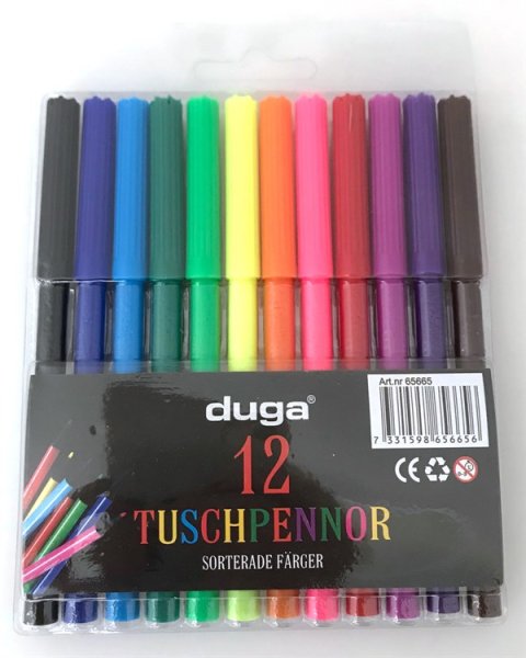 Färgpennor tusch i 12-pack. Färgrika och i fin nyans skala. Grepp vänliga och passande för liten som stor. Mäter per penna ca