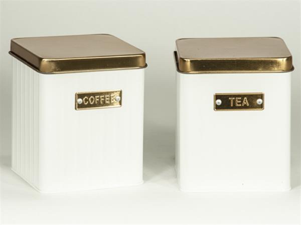 Vacker och elegant kaffe samt Te burk i vit emalj. Med guld färgat metall lock och text bricka framtill. Säljes för sig -Kaffe -