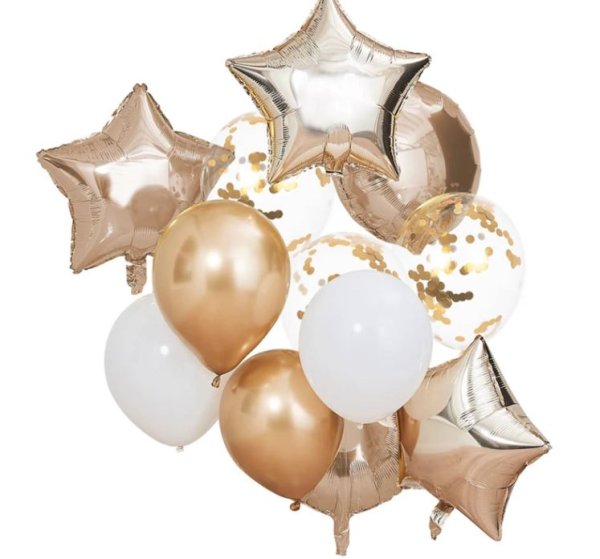 Ballongbukett / ballongset med 12st mixade ballonger i vitt och rosé guld. Innehåller 3st Ballonger med confetti inuti, 2 Vita b