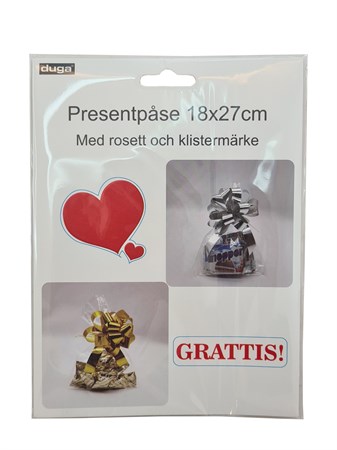 Presentpåse cellofal med rosett och etikett. Färdig presentpåse som passar tex en till godis, ljus mm. Finns i två olika modelle